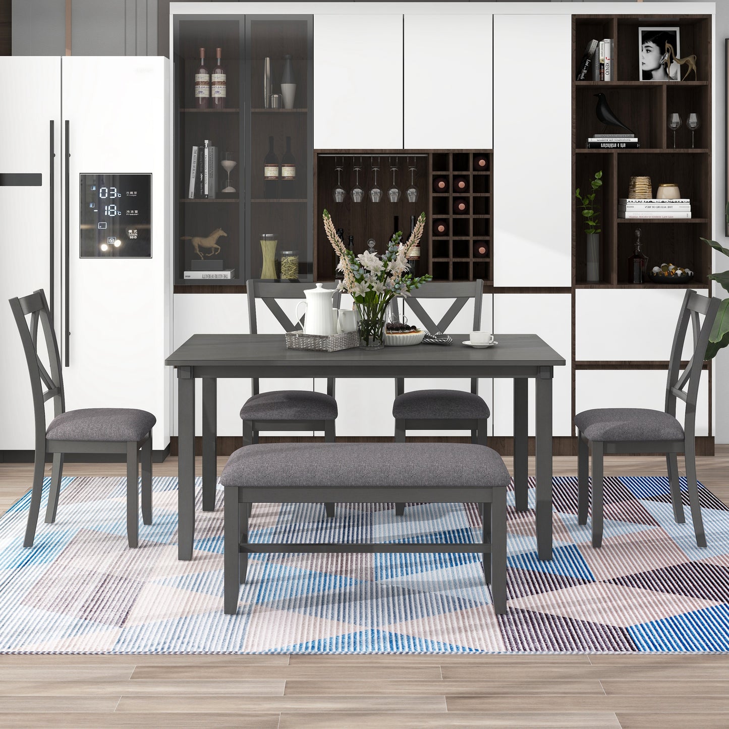 BTMWAY 6 Piece Dining Table Set with Bench