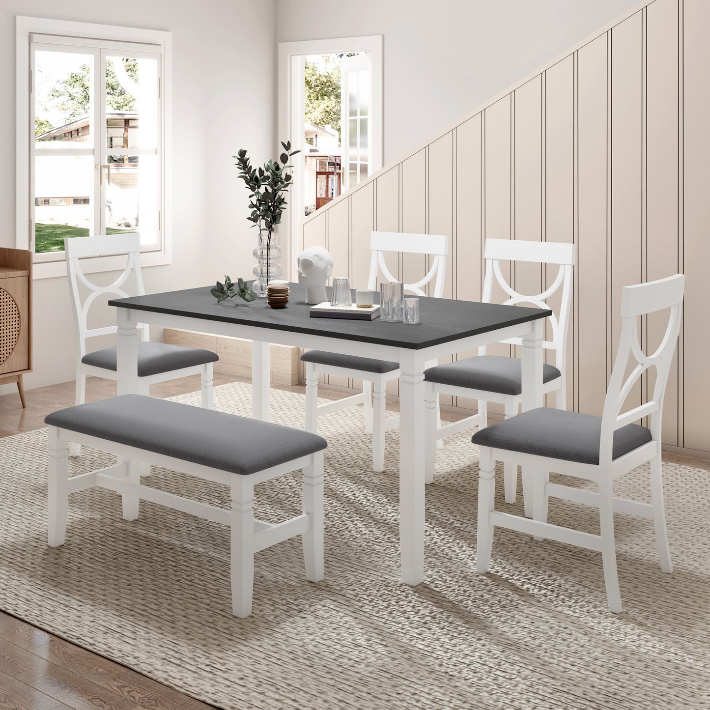 BTMWAY 6 Piece Dining Table Set with Bench