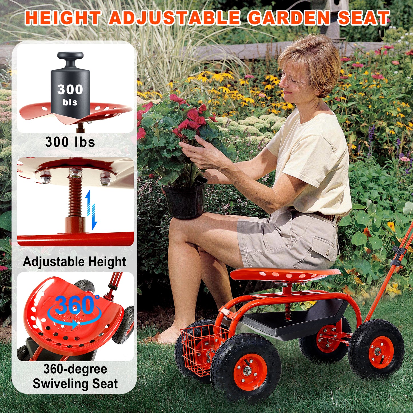 Garden Cart Rolling Scooter, BTMWAY Patio Gardening Stool Work Seat with Tool Tray, Garden Cart with Wheel Extendable Handle for Seniors, 360 Swivel Seat & Utility Basket