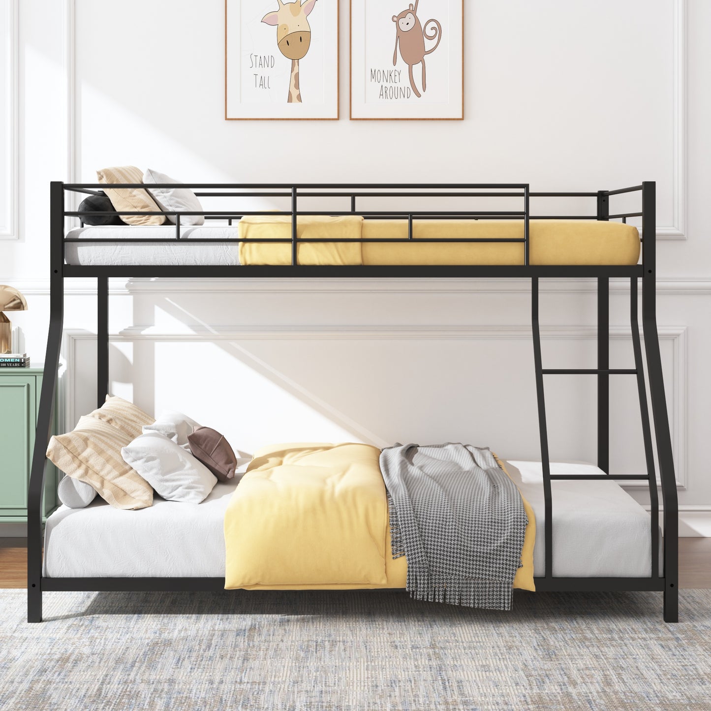 Bunk Bed for Kids&Teens, BTMWAY Heavy-duty Twin-Over-Full Bunk Bed, Metal Bed Frame with Ladder&Safety Guardrail, Twin Over Full Size Bunk Beds Bunkbeds Frame for Kids Boys Girls, Black, A1248