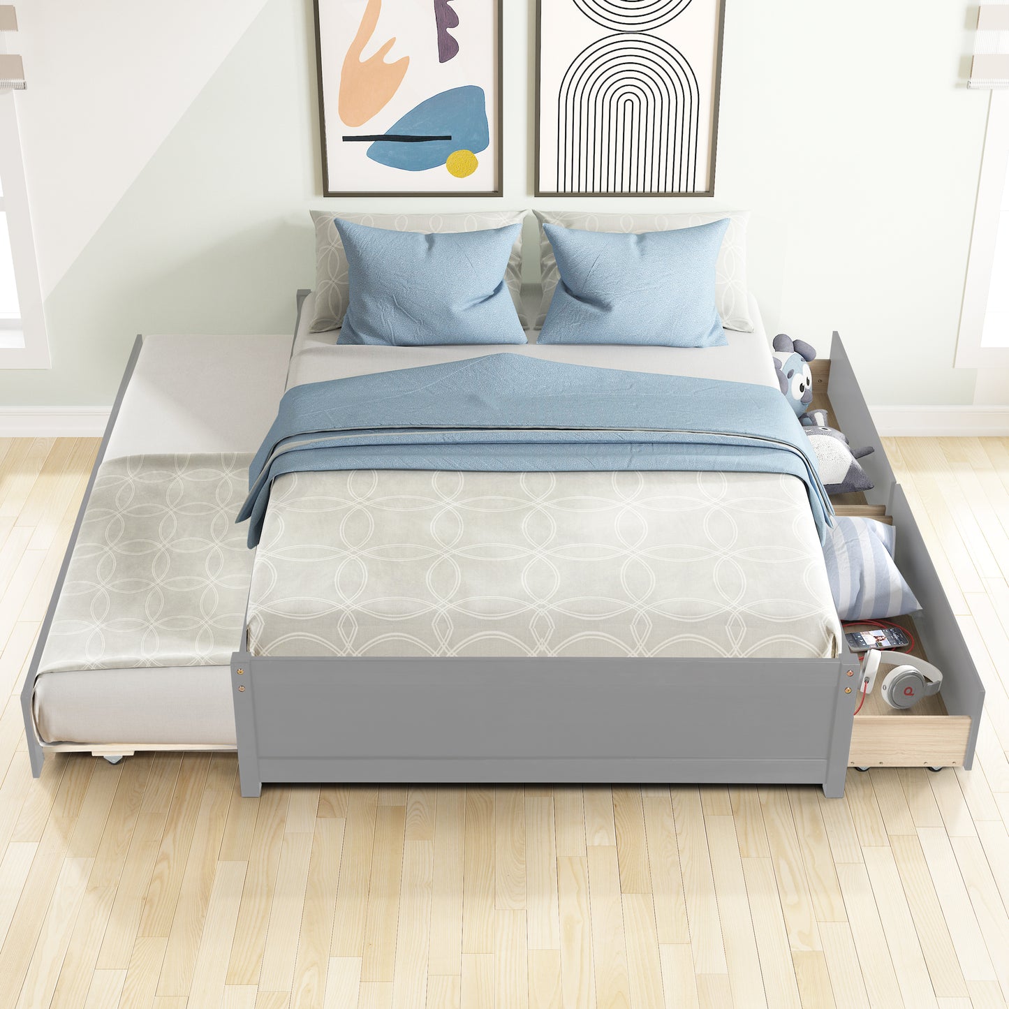 BTMWAY Full Bed with Trundle, New Upgraded Solid Wood Bed Frame, Modern Full Size Platform Bed with Headboard and Trundle Included