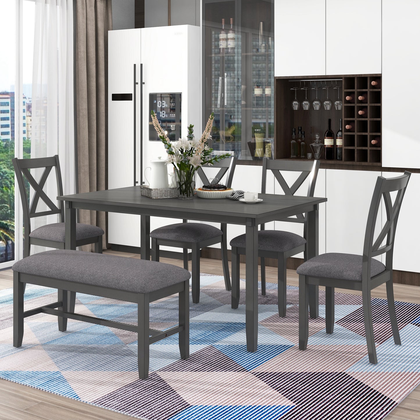 BTMWAY 6 Piece Dining Table Set with Bench