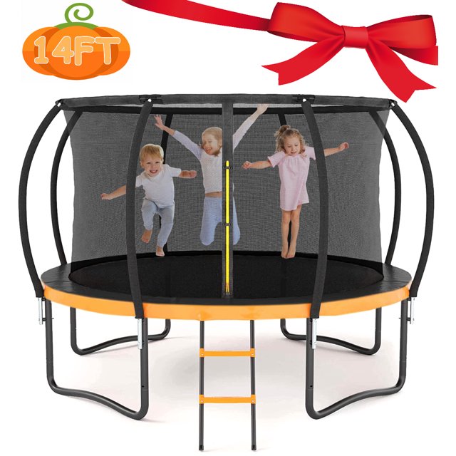 12FT 14FT Kids Adults Trampoline, Recreational Trampolines with Safety Enclosure Net, Colorful Ladder, Backyard Trampoline with Heavy Duty Jumping Mat Spring Cover Padding, ASTM Approved