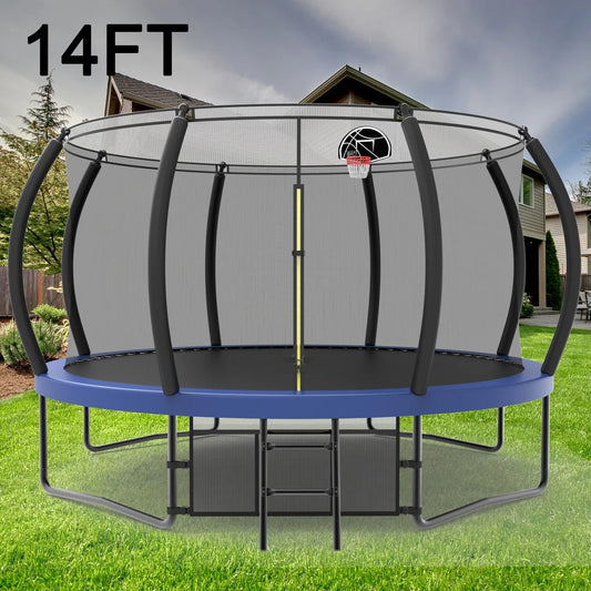 14FT Kids Adults Trampoline, BTMWAY Recreational Trampolines with Basketball Hoop, Safety Enclosure Net, Backyard Trampoline with Heavy Duty Jumping Mat Spring Cover Padding, ASTM Approved-Blue