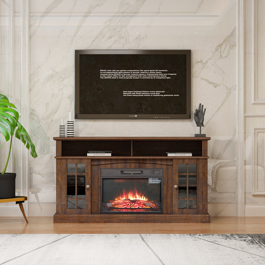 Electric Fireplace TV Stand for 65inch TV, BTMWAY 58" TV Stand with 23" Electric Fireplace, Entertainment Center TV Console for Living Room, with Storage Cabinet and Open Shelves, Gray