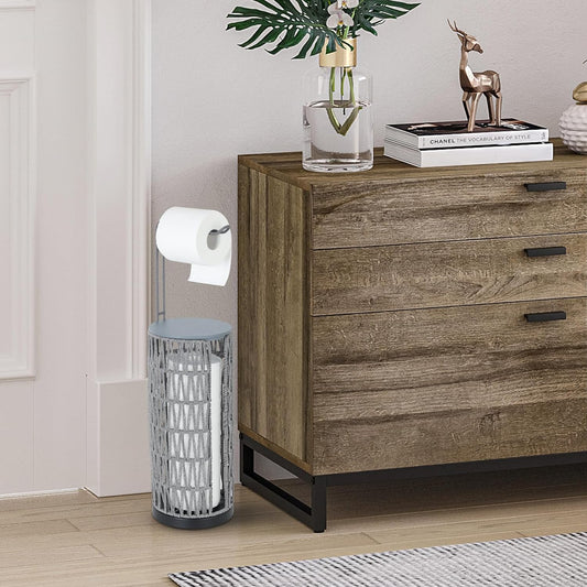 BTMWAY Toilet Paper Holder Free Standing with Shelf, Handmade Woven Toilet Paper Holder Stand for 4 Rolls, Toilet Paper Storage for Phones and Small Items, Tissue Holder for Bathroom