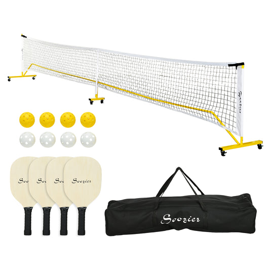 BTMWAY Soozier Pickleball Set with Net, Court Markers and Wheels, 22FT Portable Pickleball Net for Driveway with 4 Pickleball Paddles, 8 Pickleballs and 1 Carry Bag