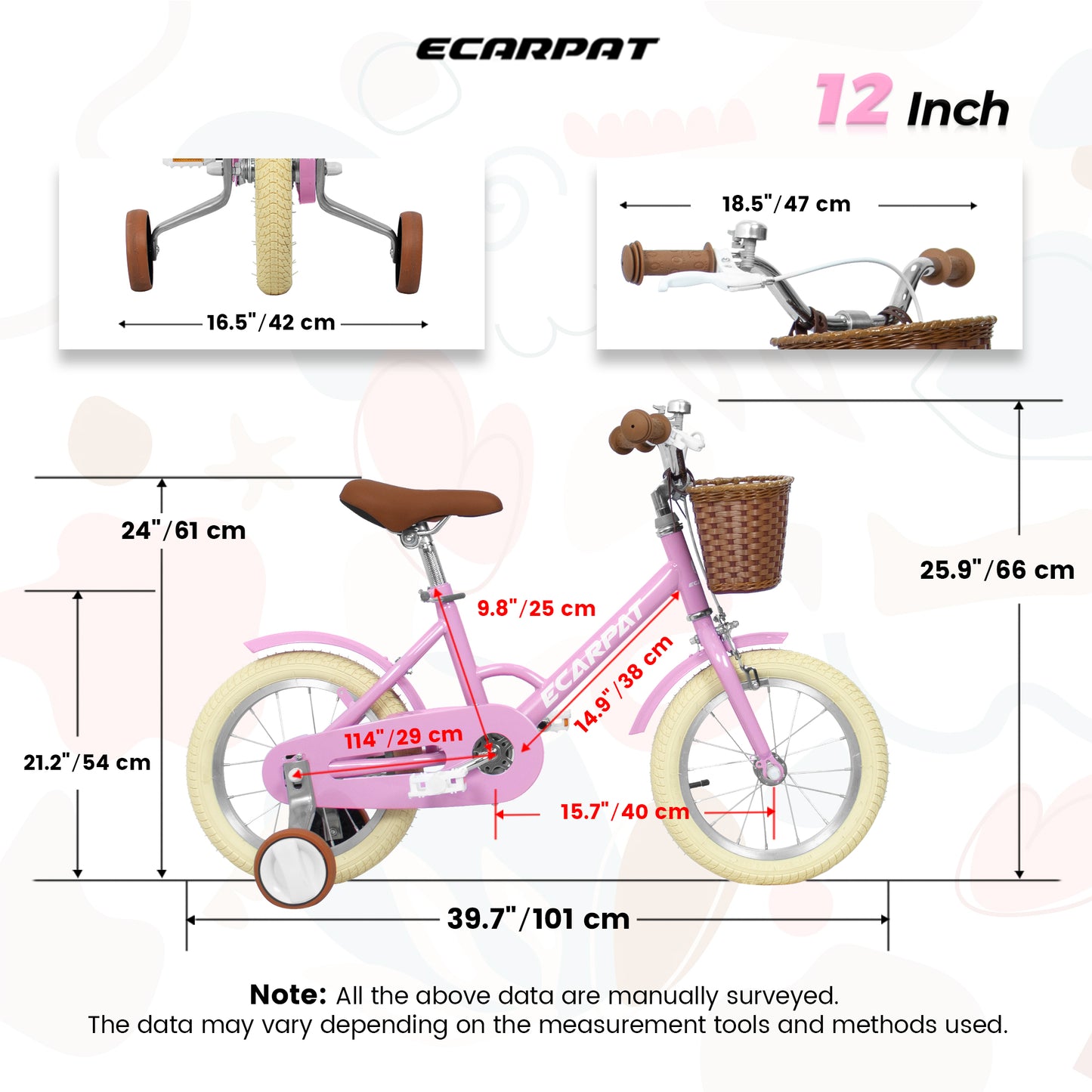 A12116 Ecarpat Kids'Bike Girls Bike 12 Inch Wheels,1-Speed Child Bicycles For 2-3 Years,With Removable Training Wheels Baby Toys,Front V Brake,Rear Holding Brake