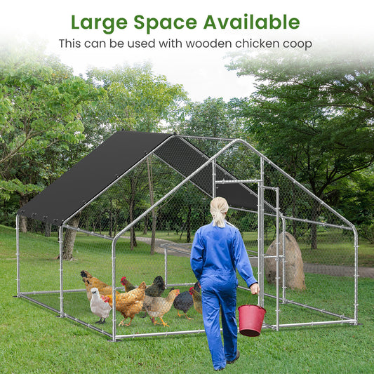 BTMWAY 13.1' x 9.8' x 6.6' Large Metal Chicken Coop, Outdoor Walk-in Poultry Cage with Waterproof, Anti-UV Cover, Resting Platform, Galvanized Wire Poultry Chicken Coop for Backyard and Farm