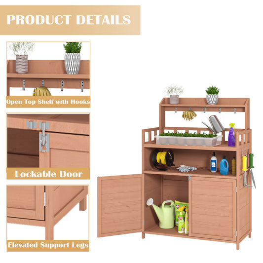 BTMWAY Potting Bench for Outside, Outdoor Garden Work Bench with Storage Cabinet & Top Shelf, Fir Wood Potting Table with Raised Legs, 3 Hooks, Waterproof Gardening Workstation for Patio & Backyard