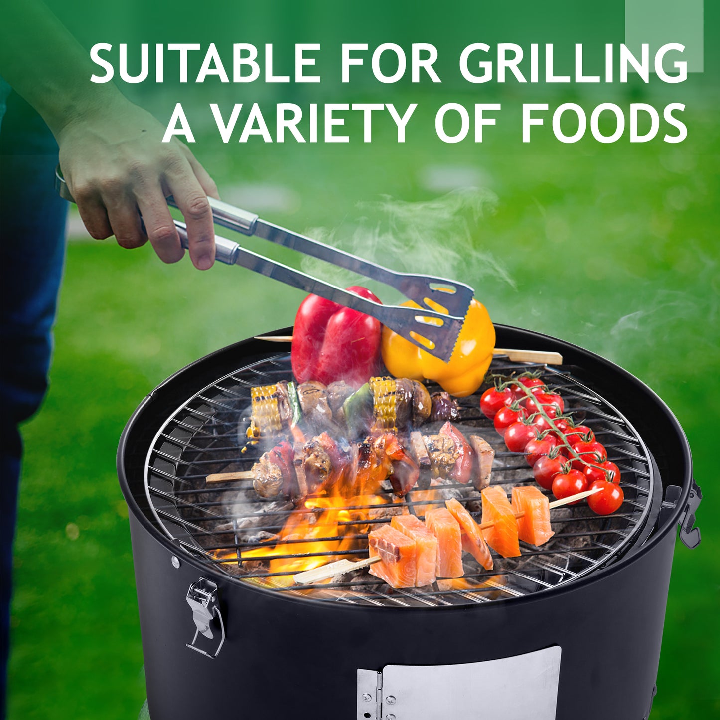 BTMWAY 3-in-1 Vertical Steel Charcoal Smoker，with Double Layer Round BBQ Grill，Easy Assembly for Outdoor Parties, Camping, and Backyard Barbecues