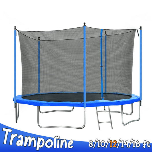 12FT Trampoline for Kids, BTMWAY Outdoor Recreational Trampoline with Safety Enclosure/Ladder, All-Weather Large Trampoline for Backyard Garden Patio, ASTM Approved Trampoline with Steel Support, Blue