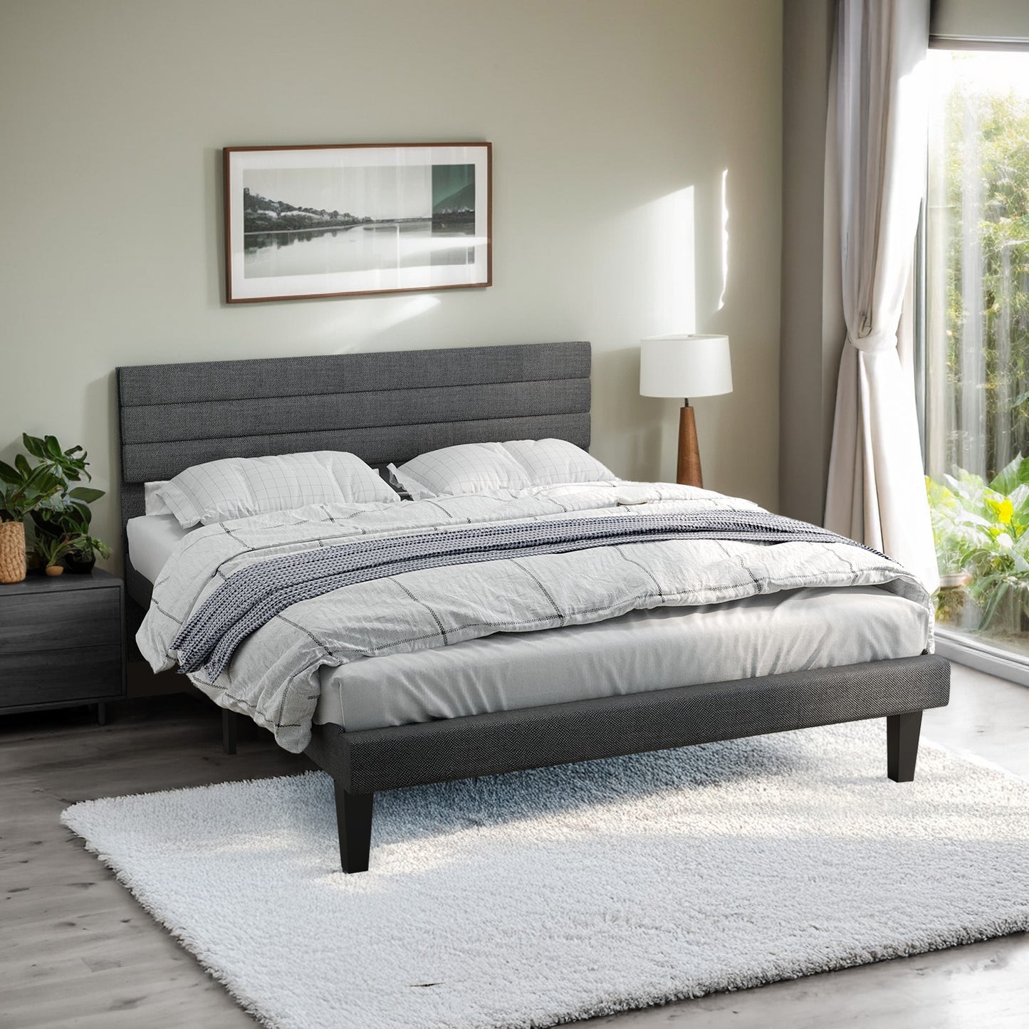 King Bed with Adjustable Headboard, King Size Linen Upholstered Platform Bed Frame with 800lbs Support, No Box Spring Needed, Wood Slat Support, Noise Free, Gray