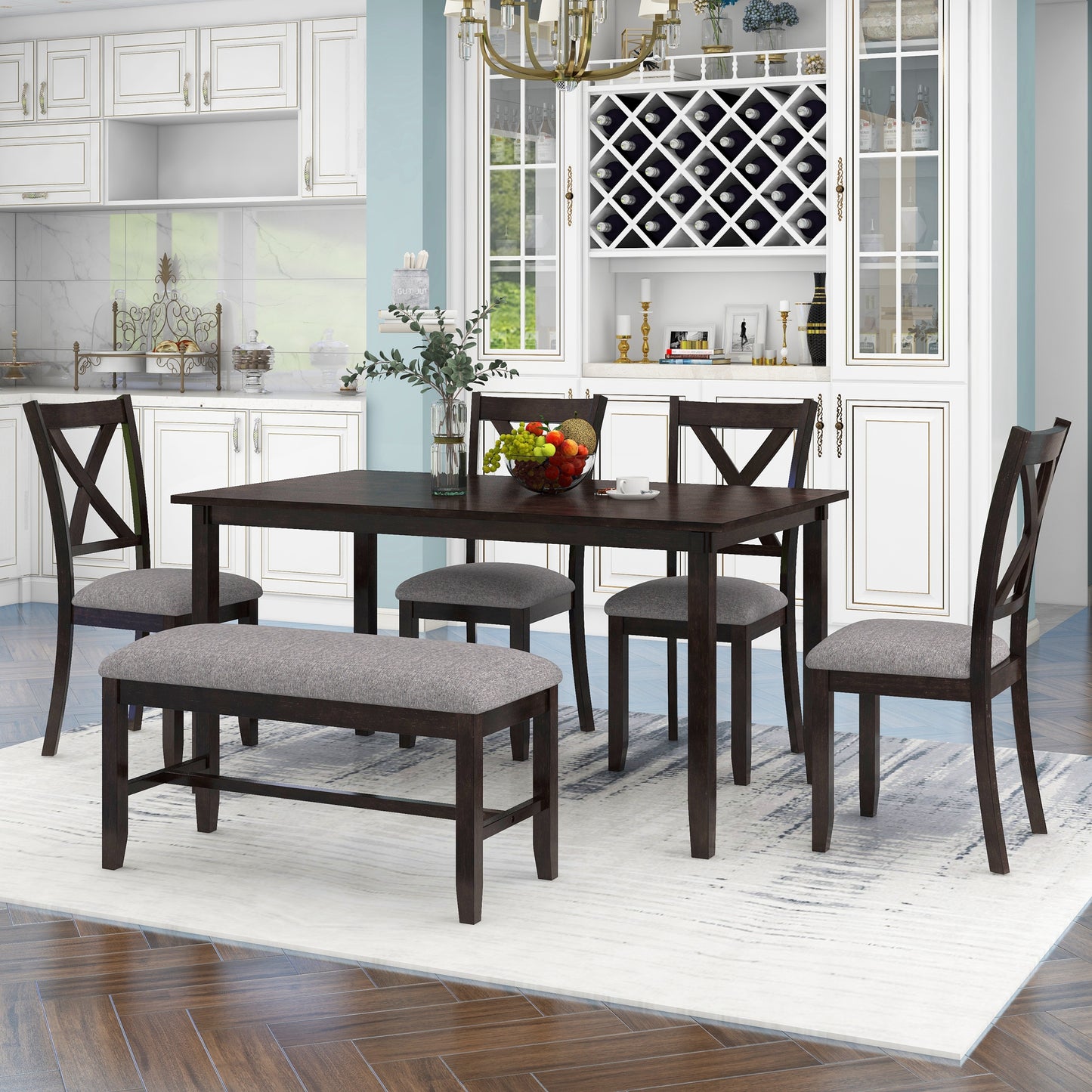 BTMWAY 6 Piece Dining Table Set with Bench