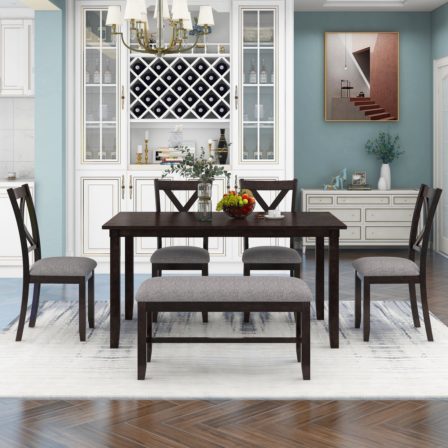 BTMWAY 6 Piece Dining Table Set with Bench