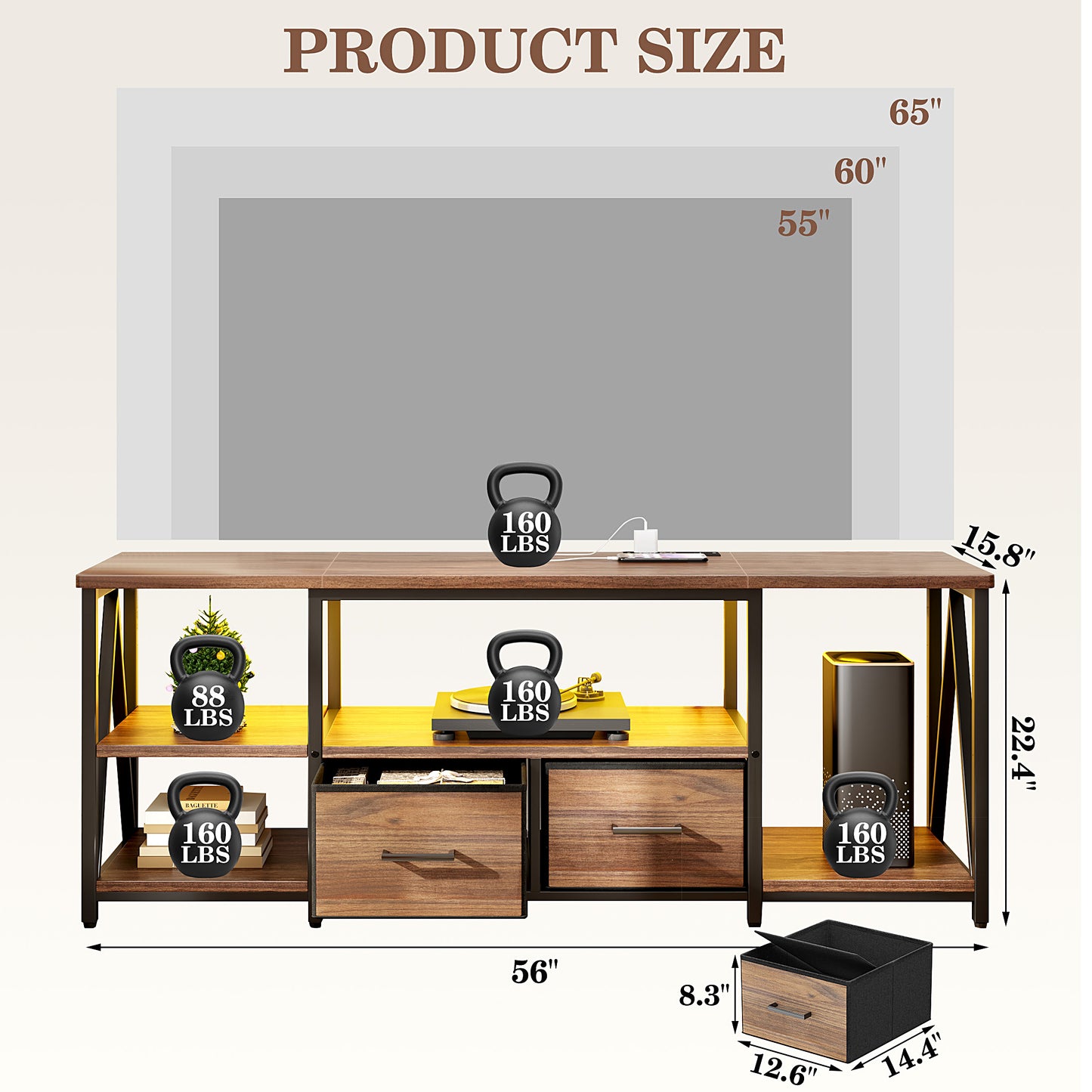 LED TV Stand for 65 inch TV, TV Console with LED Light, Modern Entertainment Center with Charging Station & Open Shelves & 2Drawers, Media Console Table for Living Room, Brown