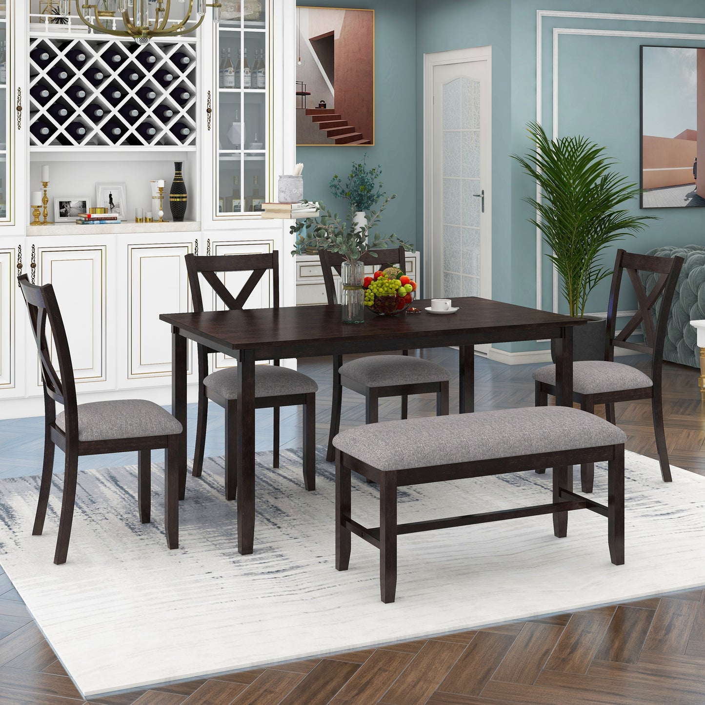 BTMWAY 6 Piece Dining Table Set with Bench