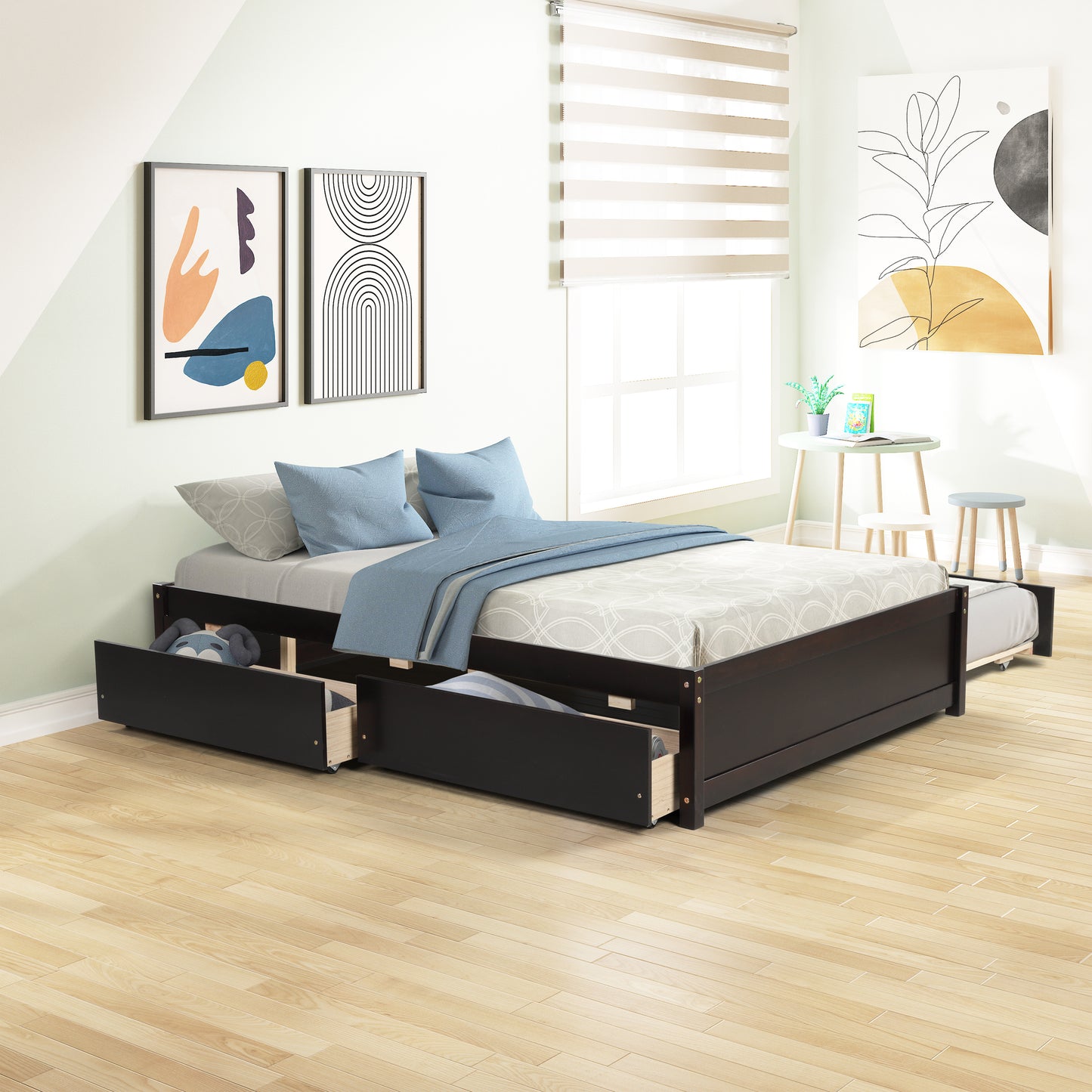 BTMWAY Full Bed with Trundle, New Upgraded Solid Wood Bed Frame, Modern Full Size Platform Bed with Headboard and Trundle Included