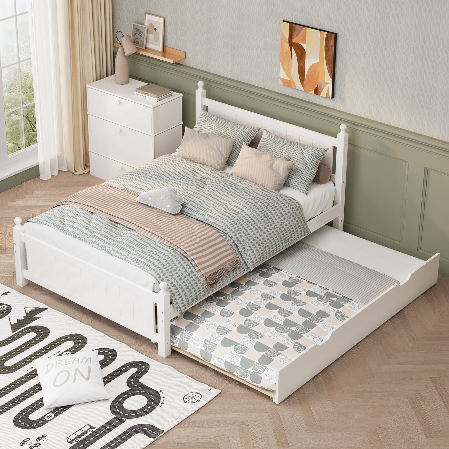 BTMWAY Full Bed with Trundle, New Upgraded Solid Wood Bed Frame, Modern Full Size Platform Bed with Headboard and Trundle Included