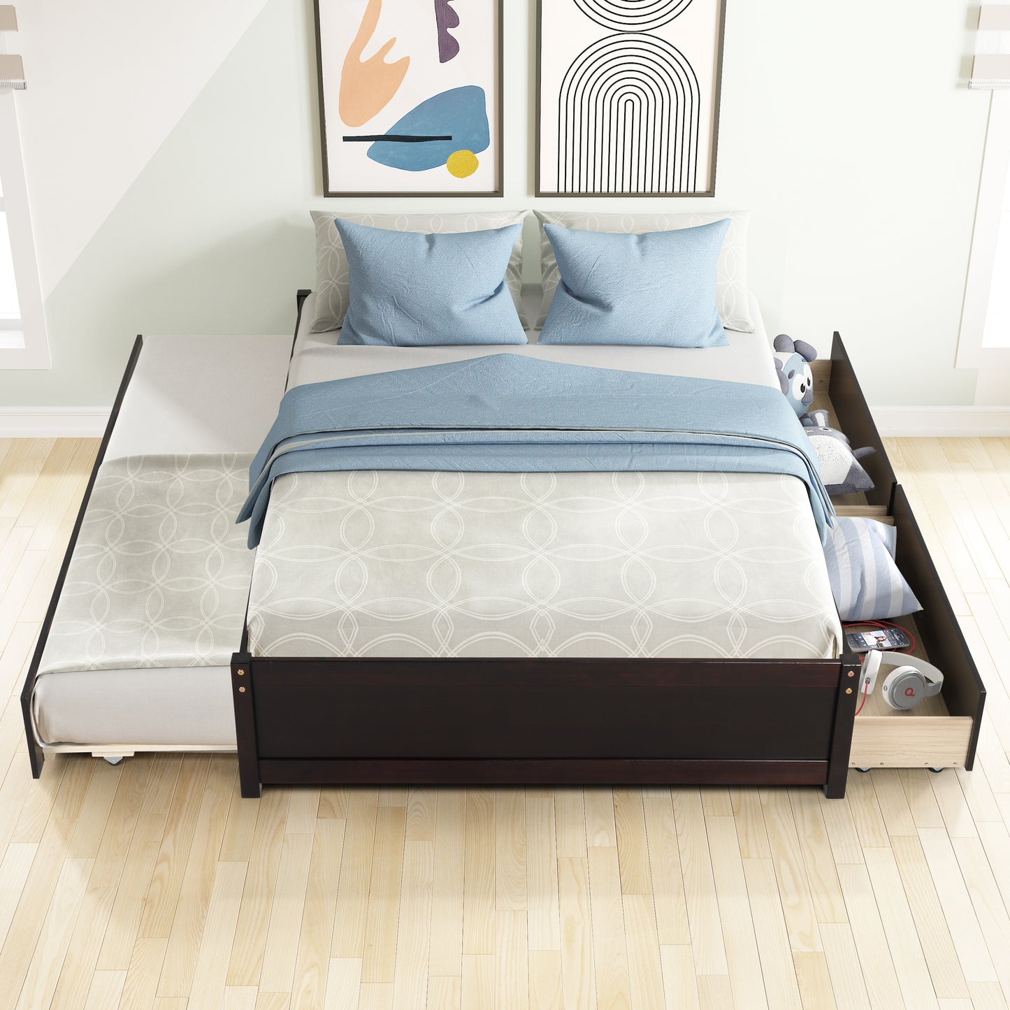 BTMWAY Full Bed with Trundle, New Upgraded Solid Wood Bed Frame, Modern Full Size Platform Bed with Headboard and Trundle Included