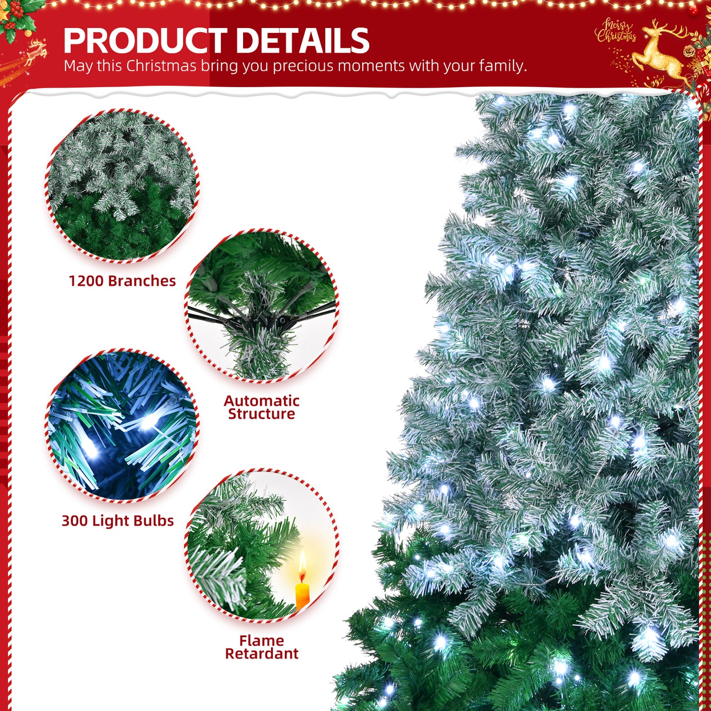 Clearance! 7.5ft Gradient Pre-lit Flocked Artificial Christmas Tree with Remote Control, 300 Lights, 8 modes, Hinged Xmas Pine Tree with 1200 Branch Tips, for Holiday & Indoor/Outdoor Use