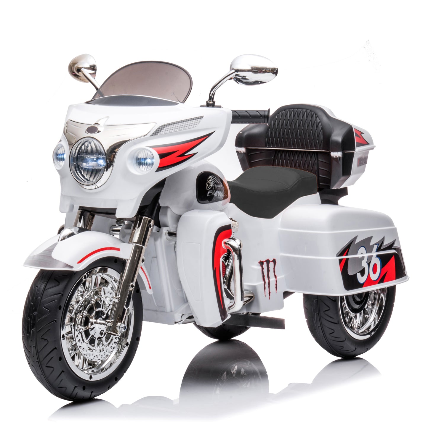 BTMWAY 12V Kids Electric Motorcycle with 3 Wheels, 2 Seater Ride-On Motorbike with Key Start, Headlights, Storage Box, 2 Motors for Boys & Girls Ages 3-8, White, Perfect Holiday & Toddler Gift