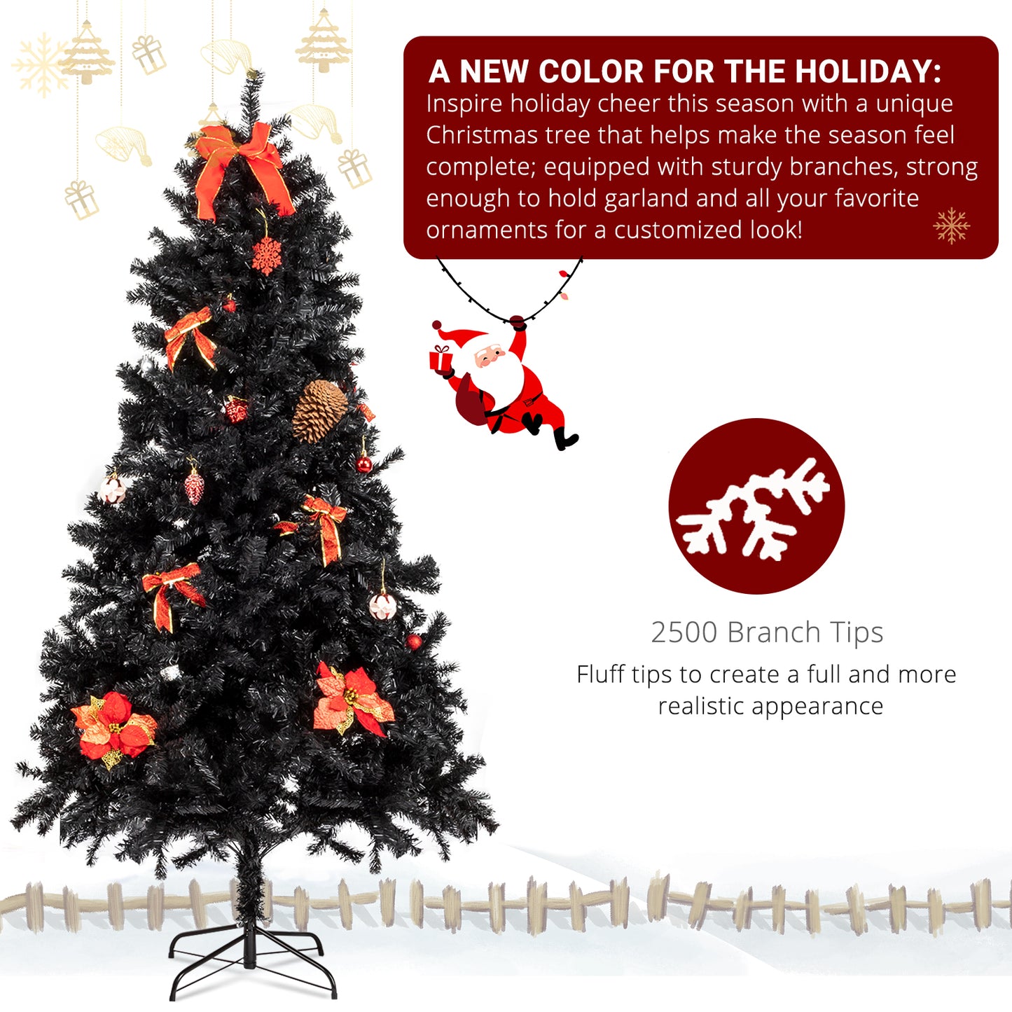 BTMWAY 7.5ft 2500 Branches Without Lights Without Pine Cones Tied Tree Structure Christmas Tree,Black