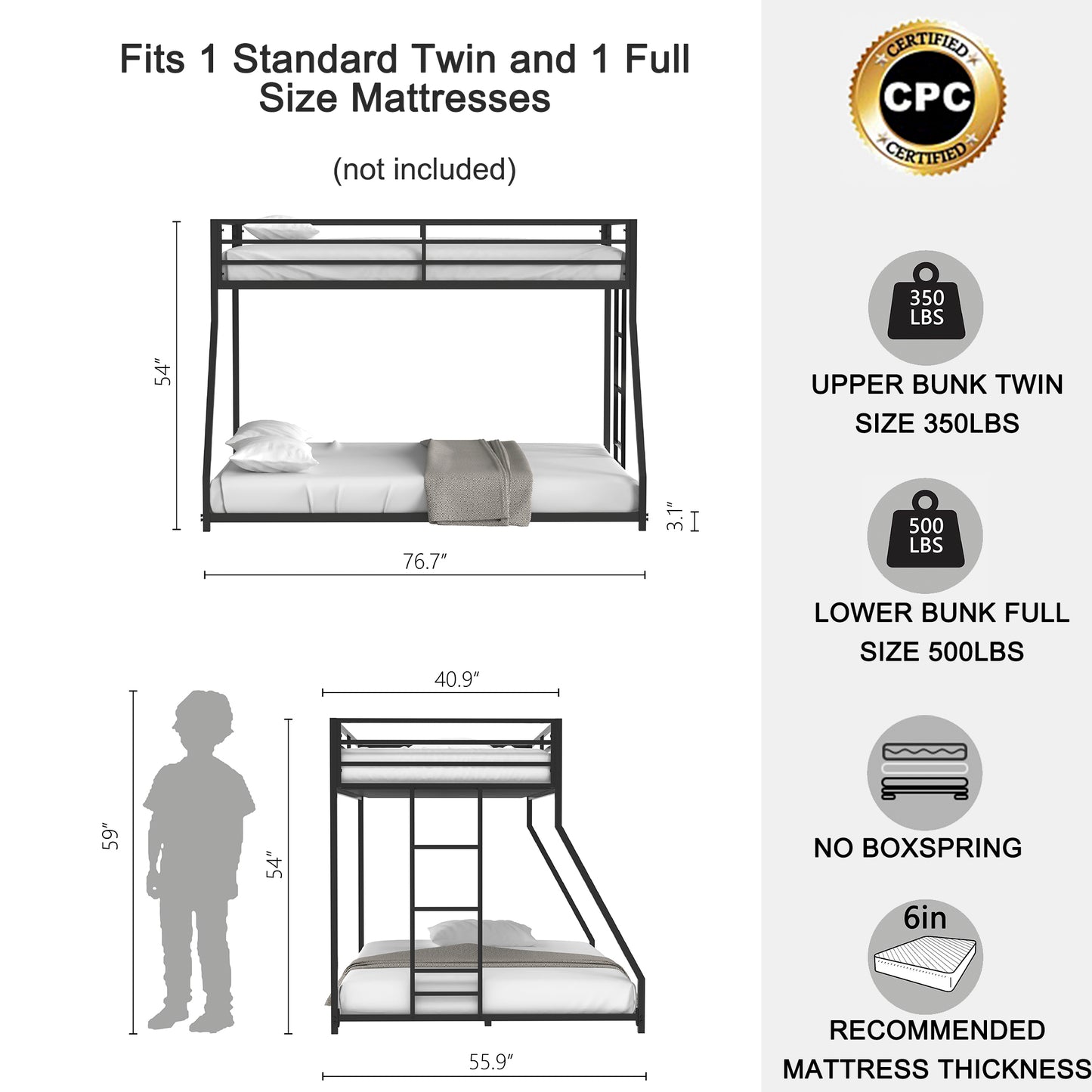 BTMWAY Metal Twin Over Full Bunk Bed with Removable Ladder, Heavy Duty Frame with Guardrails, Noise-Free Design, No Box Spring Needed, Sturdy & Durable for Kids, Teens, and Adults, White