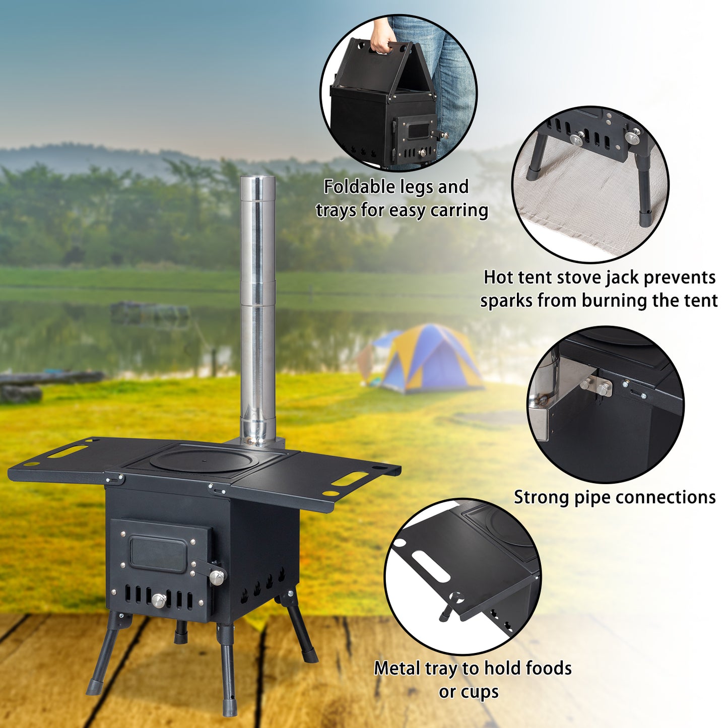 BTMWAY Outdoor Wood Camping Stove - Portable Black Stove with Large Cooking Surface, Compact Size for Campers and Outdoor Enthusiasts，Black