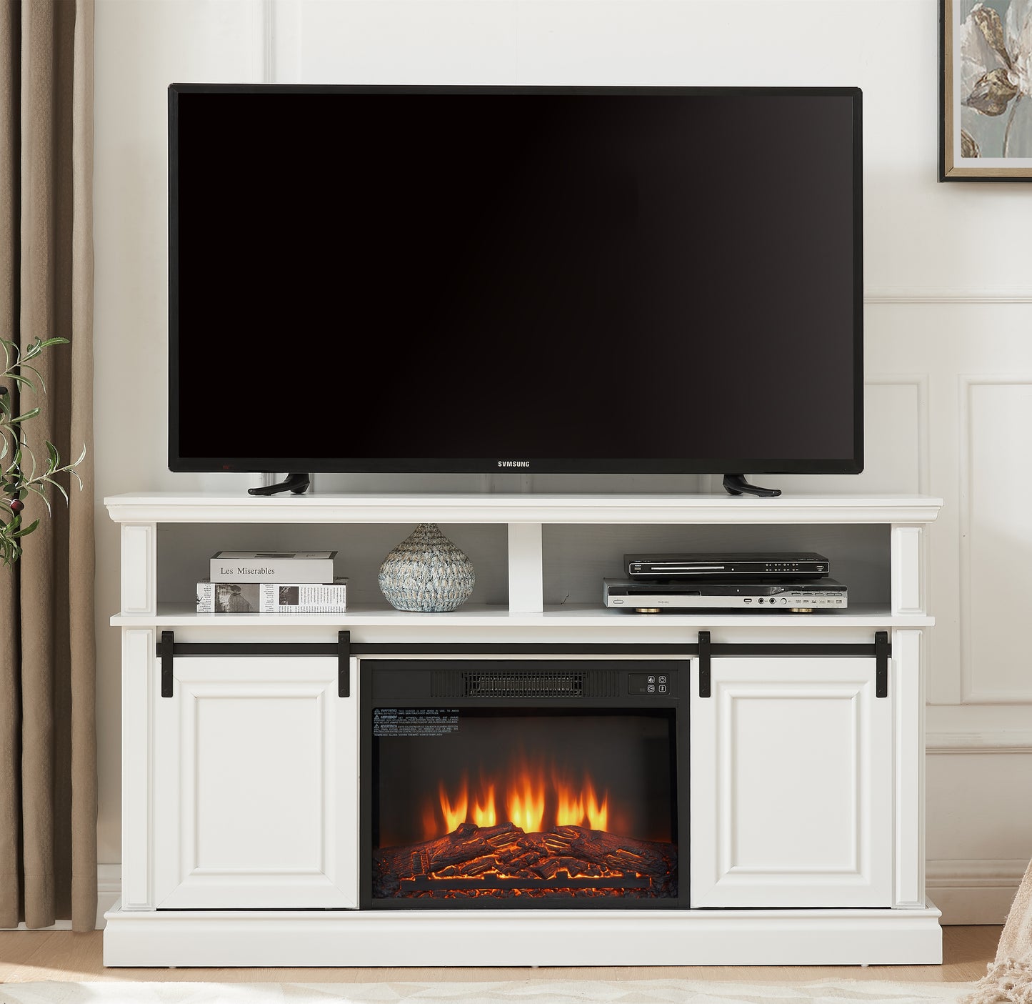 BTMWAY 58" Fireplace TV Stand for TVs up to 65", Media Entertainment Center Console with 23" Electric Fireplace, 2 Sliding Door, Large Storage Cabinet for Living Room, Antique White