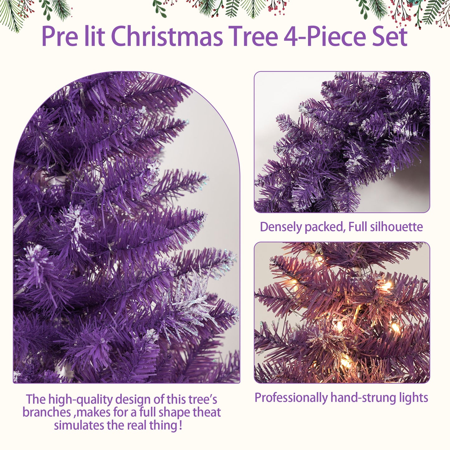 BTMWAY Pre-Lit Artificial Christmas Tree 4-Piece Set - Garland, Wreath & 2 Small Christmas Trees with Lights, Xmas Holiday Decor for Front Porch, Fireplace, LED Prelit Christmas Decorations, Purple