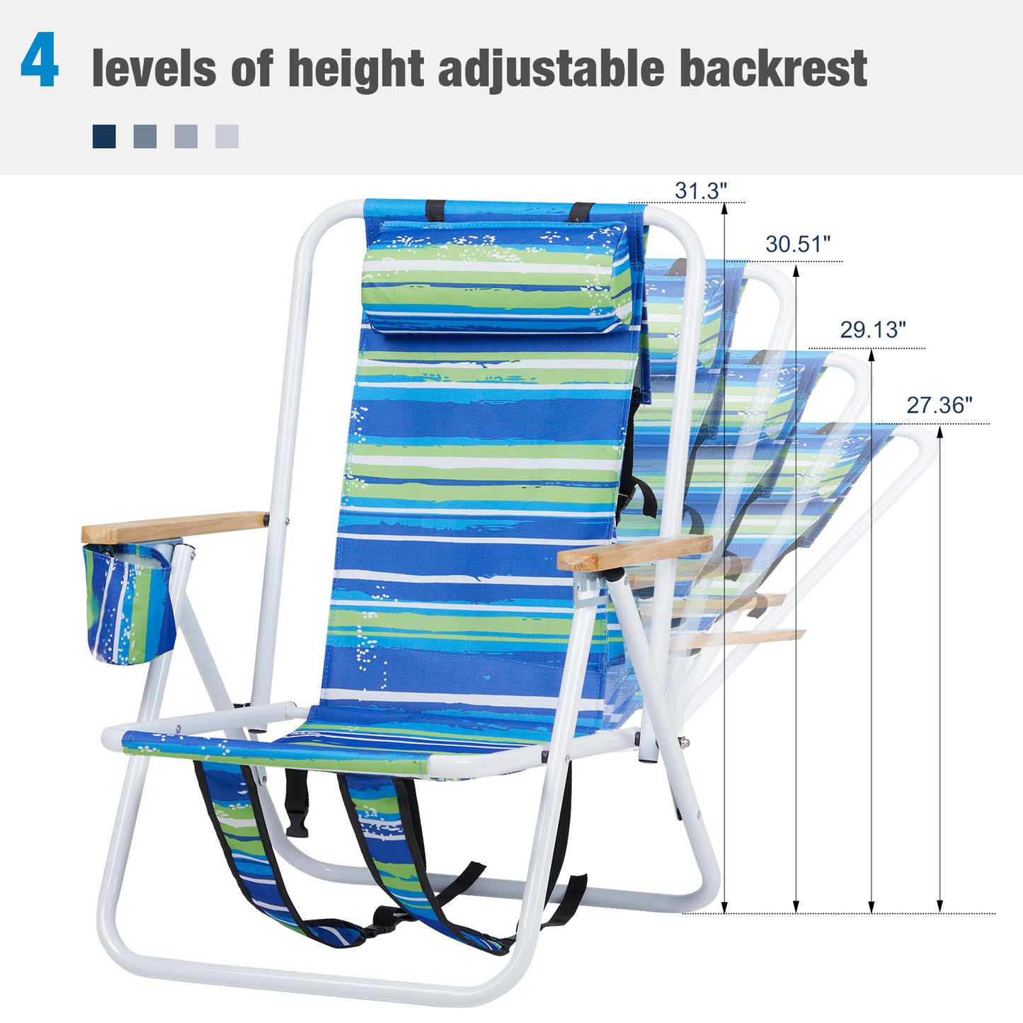 BTMWAY 2 Pack Folding Beach Chair Set, 4 Position Portable Backpack Foldable Camping Chair with Headrest Cup Holder and Wooden Armrests，Colorful