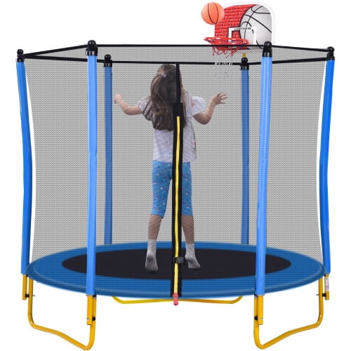 5.5FT Mini Trampoline for Kids,60" Toddler Trampoline Indoor/Outdoor,Trampoline with Enclosure Net,Recreational Trampolines with Basketball Hoop and Ball,Blue