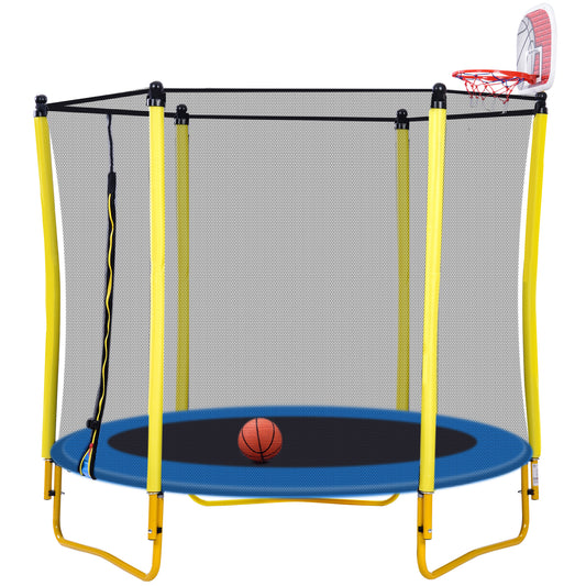 5.5FT Mini Trampoline for Kids,60" Toddler Trampoline Indoor/Outdoor,Trampoline with Enclosure Net,Recreational Trampolines with Basketball Hoop and Ball,Yellow