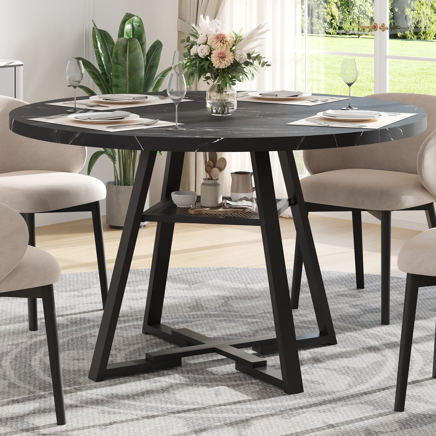 Dining Table for Restaurant, BTMWAY Mid-century White Marble Tulip Style Round Dining Room Table, Contemporary Leisure Coffee Cocktail Table, Metal Pedestal, MDF Top, for 4 Person