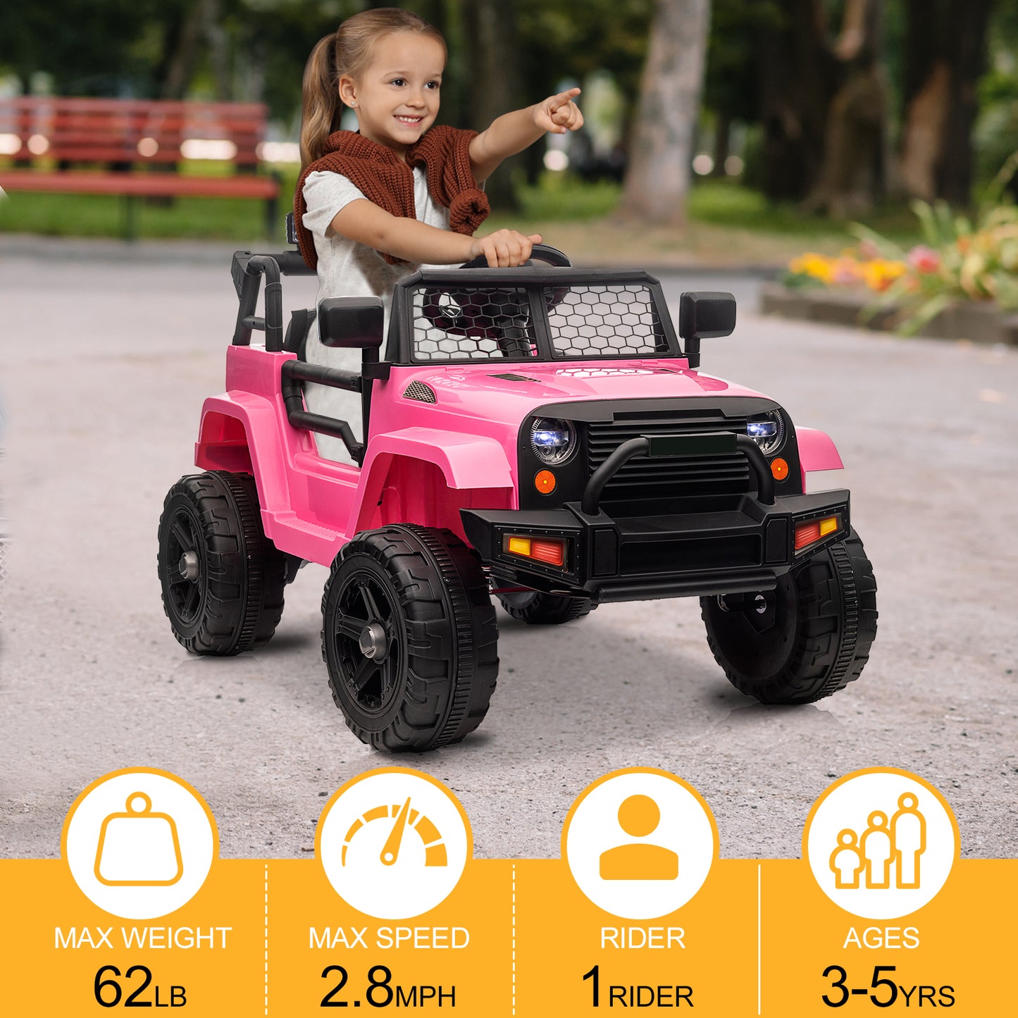 BTMWAY 12V Kids Ride on Truck Car with Parent Remote Control, Power Car Wheels, Electric Vehicles Toys with 3-Speed, Music, Bluetooth, MP3, LED Lights, Pink