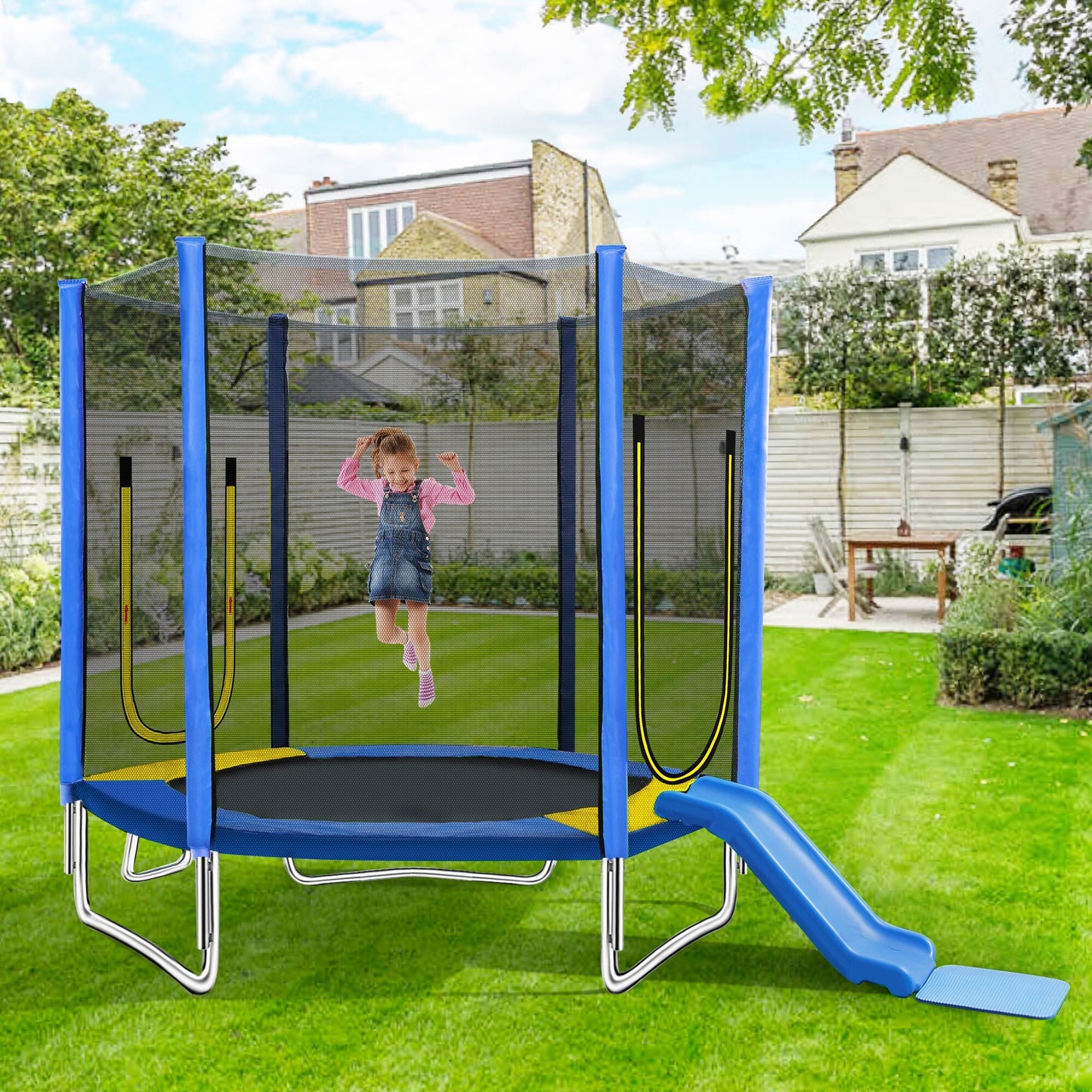 7FT Trampoline for Kids with Safety Enclosure Net, Slide and Ladder, Easy Assembly Round Outdoor Recreational Trampoline,blue