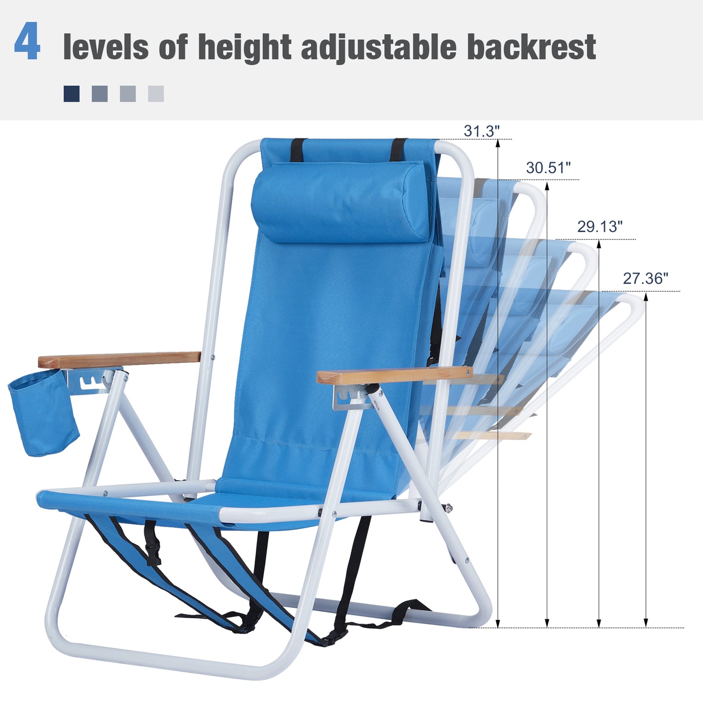 BTMWAY 2 Pack Folding Beach Chair Set, 4 Position Portable Backpack Foldable Camping Chair with Headrest Cup Holder and Wooden Armrests，Blue