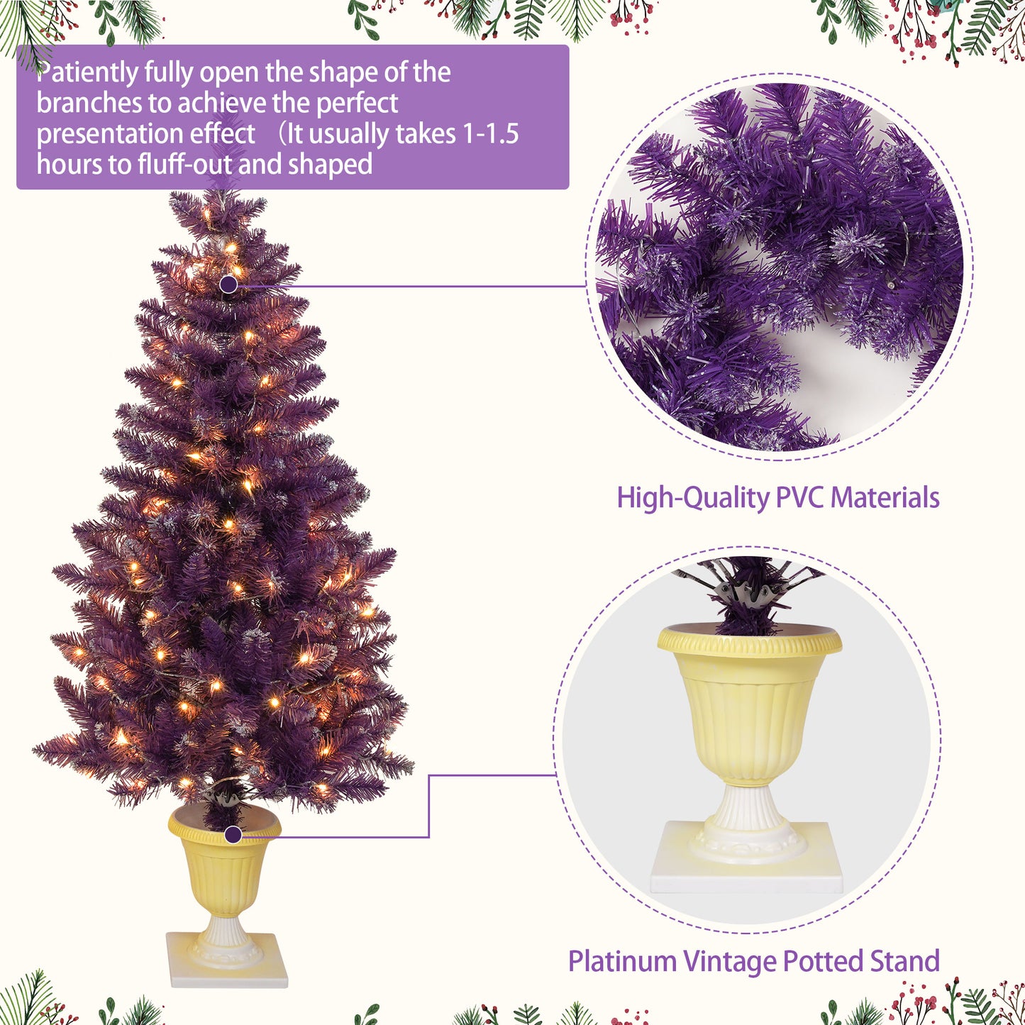 BTMWAY Pre-Lit Artificial Christmas Tree 4-Piece Set - Garland, Wreath & 2 Small Christmas Trees with Lights, Xmas Holiday Decor for Front Porch, Fireplace, LED Prelit Christmas Decorations, Purple