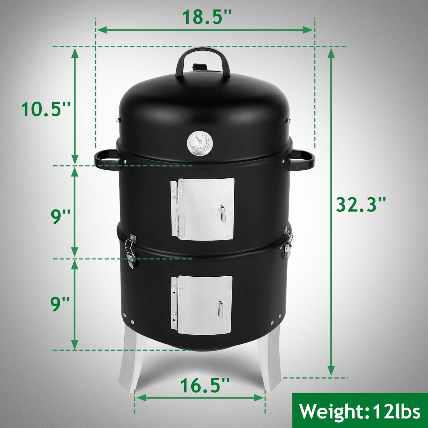 BTMWAY 3-in-1 Vertical Steel Charcoal Smoker，with Double Layer Round BBQ Grill，Easy Assembly for Outdoor Parties, Camping, and Backyard Barbecues