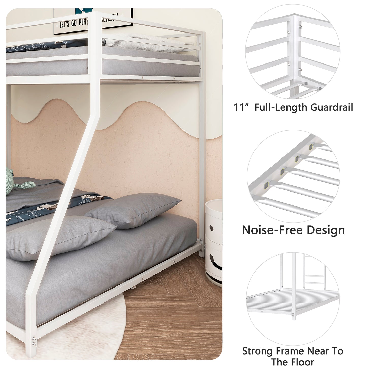 BTMWAY Metal Twin Over Full Bunk Bed with Removable Ladder, Heavy Duty Frame with Guardrails, Noise-Free Design, No Box Spring Needed, Sturdy & Durable for Kids, Teens, and Adults, White