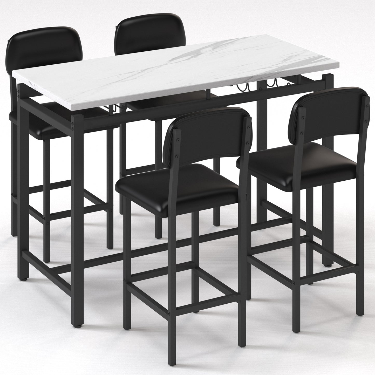 White Marble Dining Table Set for 4, BTMWAY High Top Bar Table Set with Upholstered Stools, Counter Height Dining Table and Chairs Set for Kitchen, Metal Frame Breakfast Nook Table Set, N230