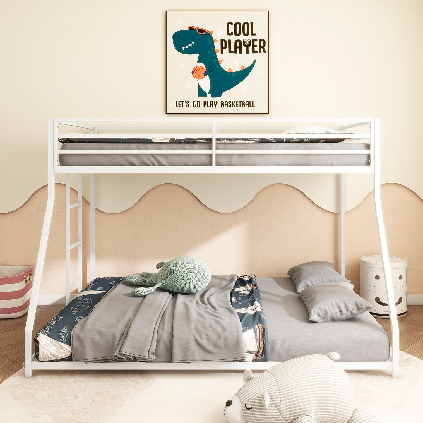 BTMWAY Metal Twin Over Full Bunk Bed with Removable Ladder, Heavy Duty Frame with Guardrails, Noise-Free Design, No Box Spring Needed, Sturdy & Durable for Kids, Teens, and Adults, White