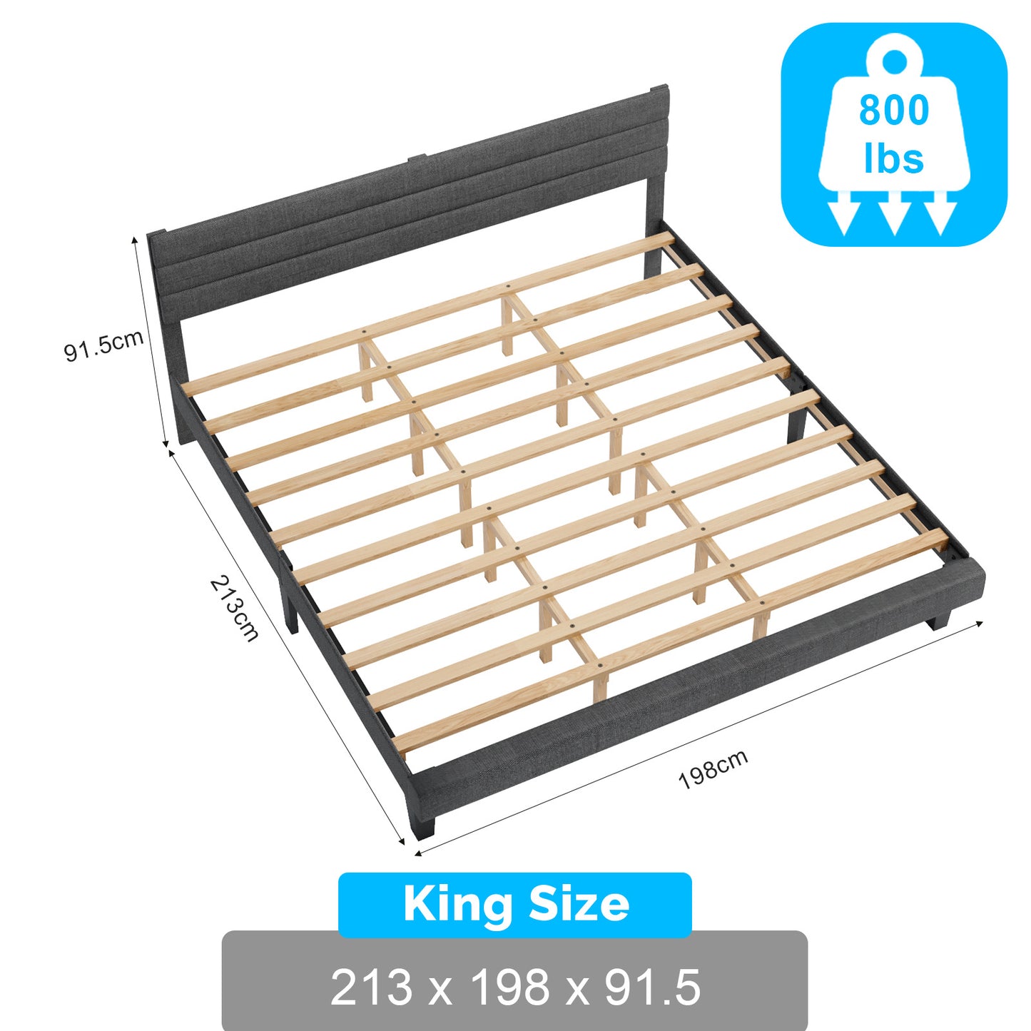 King Bed with Adjustable Headboard, King Size Linen Upholstered Platform Bed Frame with 800lbs Support, No Box Spring Needed, Wood Slat Support, Noise Free, Gray
