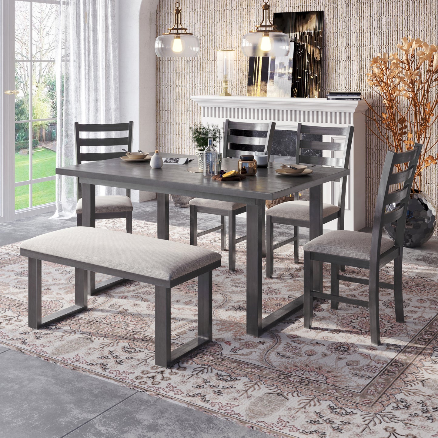 BTMWAY 6 Piece Dining Table Set with Bench