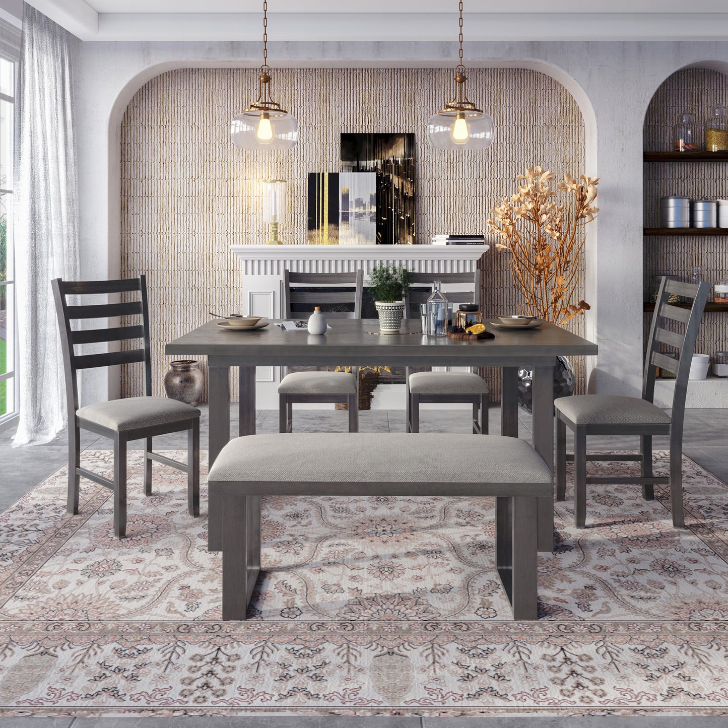 BTMWAY 6 Piece Dining Table Set with Bench