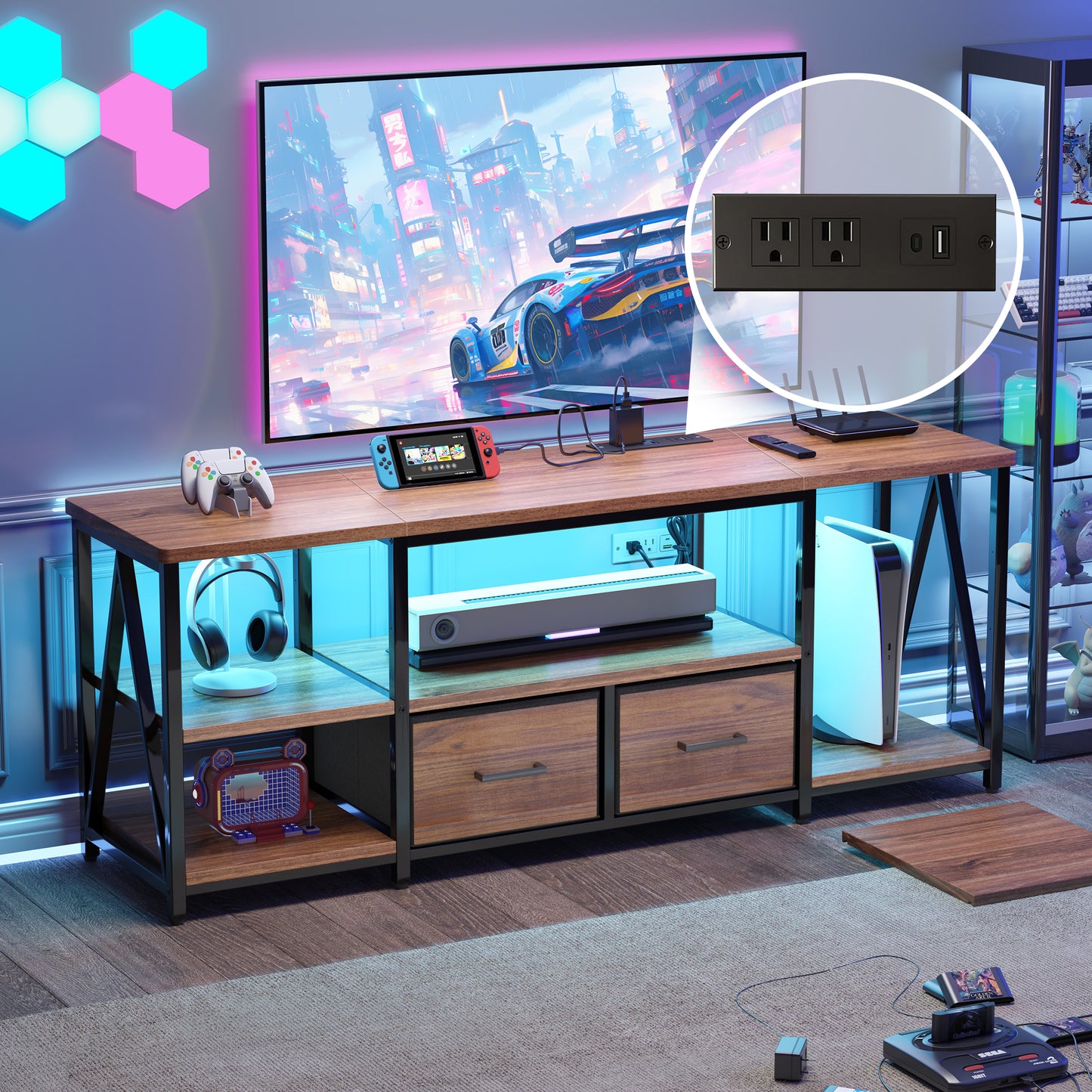 LED TV Stand for 65 inch TV, TV Console with LED Light, Modern Entertainment Center with Charging Station & Open Shelves & 2Drawers, Media Console Table for Living Room, Brown
