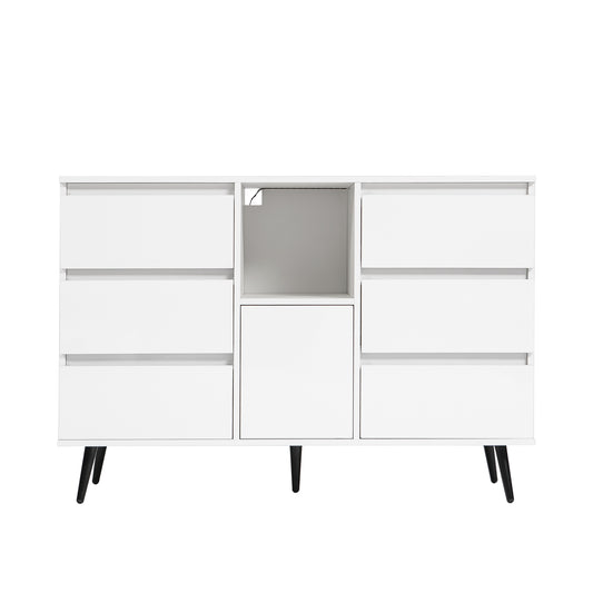 6 Drawer Dressers with Lights, HSUNNS High Gloss White Double Dressers for Living Room with Open Shelf, Wood Chest of 6 Drawers Sideboard Storage Cabinet, Modern Living Room Furniture