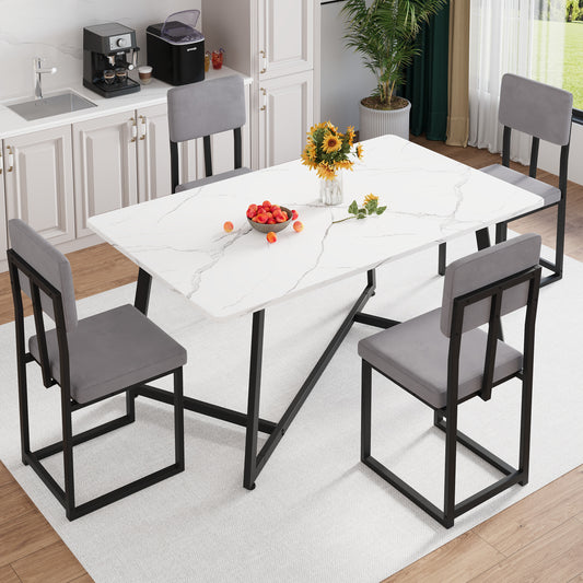 Dining Table Set for 4, 5 Piece Kitchen Table and Chairs Set, Rectangle White Tabletop and Gray Velevt Chairs Set, Small Space Dining Room Set for Apartment
