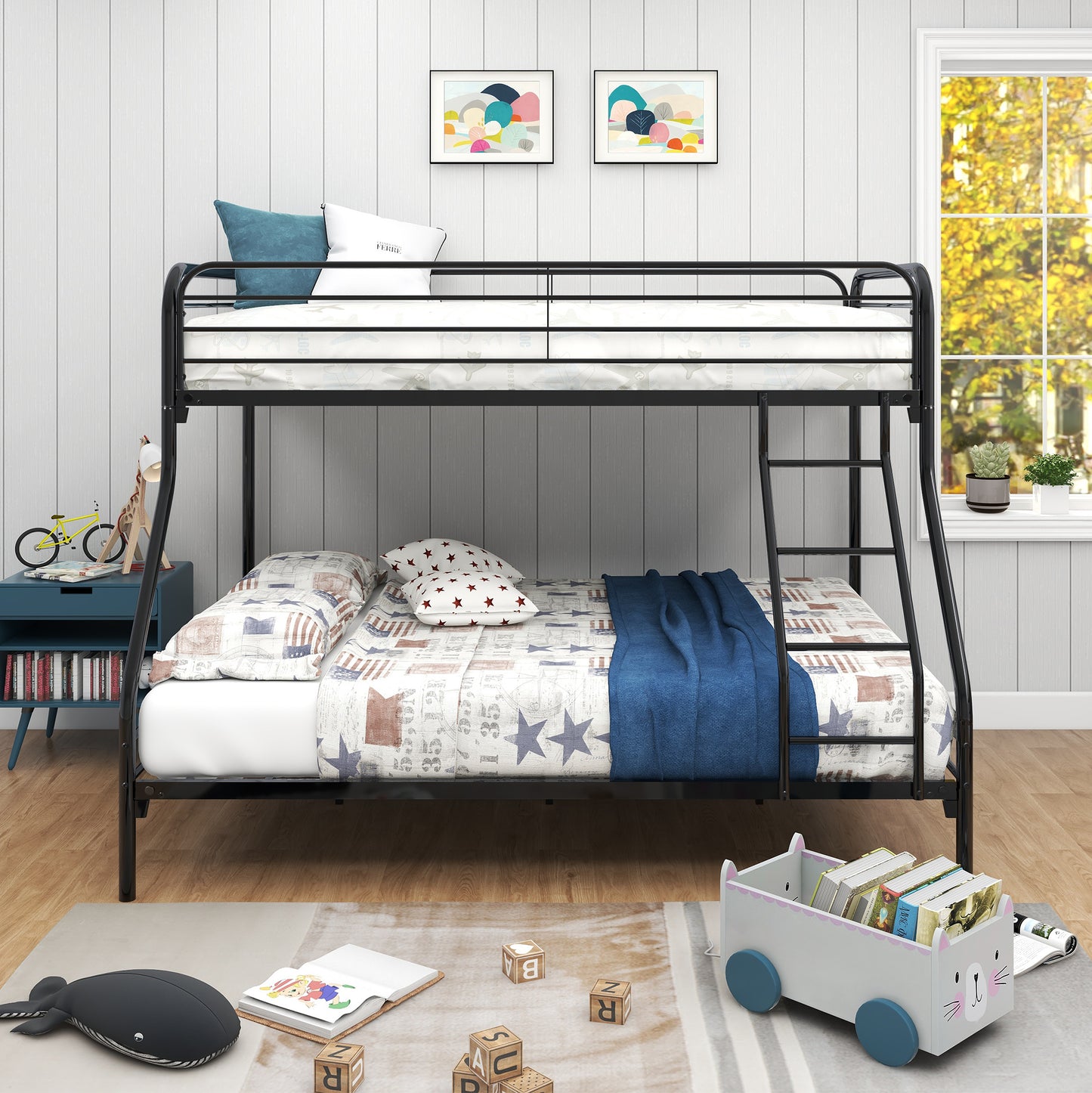 Metal Bunk Bed, Twin Over Full Bed with Ladder & Safety Guardrail, for Kids/Teens/Adults, Space Saving Kid's Room Bed Frame, No Spring Box Needed, Black, A1242